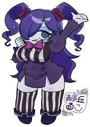 1girl breasts chibi colored_skin flower goth_fashion gothic_lolita hair_over_one_eye highres huge_breasts lolita_fashion long_hair plump purple_hair rukosizuoka shizuoka_ruko thighhighs thighs twintails white_skin
