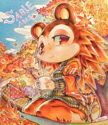 1girl animal_crossing autumn autumn_leaves bottomless furry furry_girl green_sweater highres leaf looking_at_viewer nintendo outdoors picnic picnic_basket porcupine porcupine_girl sable_able_(animal_crossing) sitting smile solo sweater tamanosuke traditional_media tree