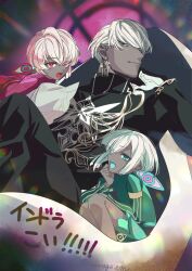blue_eyes boy_vajra_(fate) colored_skin earrings fangs fate/grand_order fate_(series) girl_vajra_(fate) green_eyes grey_skin highres indra_(fate) iwanaga_tm jewelry red_eyes sitting smile twitter_username two-tone_gloves white_hair