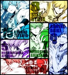 6+boys akashi_seijuurou aomine_daiki ball bare_shoulders basketball basketball_(object) basketball_uniform blonde_hair blue_eyes blue_hair blue_tank_top blue_theme character_name closed_mouth clothes_writing collarbone expressionless fingernails glasses green_eyes green_hair green_tank_top green_theme grin hair_between_eyes hair_over_one_eye holding holding_ball imminent_throw kise_ryouta kuroko_no_basuke kuroko_tetsuya leaning_forward male_focus medium_hair midorima_shintarou multiple_boys multiple_monochrome murasakibara_atsushi numbered opaque_glasses paint_splatter parted_lips partially_opaque_glasses playing_sports purple_hair purple_tank_top purple_theme red_eyes red_hair red_tank_top red_theme short_hair smile sportswear tank_top toned toned_male upper_body white_background wristband yellow_eyes yellow_tank_top yellow_theme yummy_mgmgmg