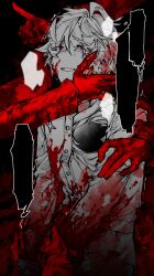 1boy absurdres ahoge black_background blank_speech_bubble blood blood_on_clothes blood_on_face bloody_weapon chinese_commentary disembodied_hand gakuran grabbing_another&#039;s_arm hand_on_another&#039;s_arm hand_on_another&#039;s_face highres holding holding_sword holding_weapon hole_in_chest hole_on_body last_defense_academy_school_uniform male_focus out_of_frame partially_colored pointing pointing_forward pulling_another&#039;s_clothes red_background red_eyes school_uniform short_hair smile solo_focus speech_bubble sumino_takumi sword the_hundred_line_-last_defense_academy- two-tone_background waiaaaaaaa weapon