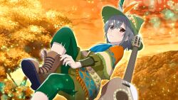 1girl adjusting_footwear boots brown_boots brown_eyes crossed_bangs dutch_angle evening foot_out_of_frame from_below game_cg green_hat green_pants green_shirt grey_hair guitar hat highres higurashi_no_naku_koro_ni higurashi_no_naku_koro_ni_mei instrument kimiyoshi_kazuho leg_up lens_flare long_sleeves looking_at_viewer mountain non-web_source official_art orange_sky outdoors pants parted_lips shirt short_hair sky solo sparkle tree