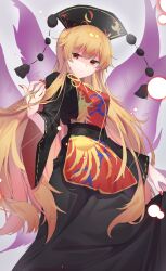 Rule 34 | 1girl, absurdres, black dress, black hat, blonde hair, breasts, chinese commentary, closed mouth, commentary, crescent, crescent print, dalachi (headdress), dress, energy, energy tail, fox tail, hand in own hair, hat, highres, junko (touhou), kitahara (pixiv 19528441), long hair, long sleeves, looking at viewer, multiple tails, neck ribbon, phoenix print, red eyes, red nails, red tabard, ribbon, shaded face, solo, tabard, tail, touhou, very long hair, wide sleeves, yellow ribbon