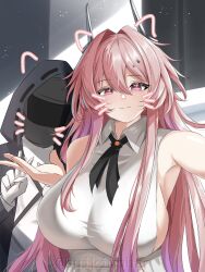 1girl 1other ambiguous_gender arknights bare_shoulders breasts closed_mouth doctor_(arknights) hair_between_eyes highres hood hood_up hooded_jacket horns huge_breasts jacket long_hair looking_at_viewer phap2000 pink_eyes pink_hair selfie sideboob sleeveless smile theresa_(arknights) v