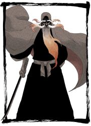 Rule 34 | 1boy, arm at side, bald, beard, black hakama, black kimono, blank eyes, bleach, facial hair, feet out of frame, fighting stance, floating clothes, hakama, haori, highres, holding, holding sword, holding weapon, japanese clothes, katana, kimono, long beard, long eyebrows, long sleeves, looking at viewer, male focus, mitu hide43, mustache, old, old man, shaded face, simple background, solo, standing, sword, taichou haori, teeth, thick eyebrows, weapon, white background, wide sleeves, yamamoto-genryuusai shigekuni