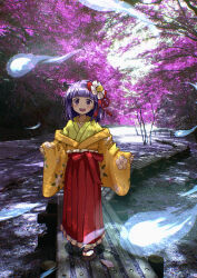 1girl absurdres commission floral_print flower frilled_skirt frills full_body ghost green_kimono hair_flower hair_ornament hieda_no_akyuu highres japanese_clothes kimono long_skirt okai_(pixiv6333) photo_background photoshop_(medium) pixiv_commission print_kimono purple_eyes purple_hair red_skirt short_hair skirt smile socks solo tabi touhou walking white_socks wide_sleeves yellow_kimono