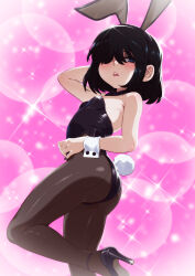 1girl animal_ears ass black_eyes black_hair black_leotard black_pantyhose fake_animal_ears fake_tail high_heels highres jcm2 leotard loli lucy_loud pantyhose pink_background playboy_bunny rabbit_ears rabbit_tail solo stool tail the_loud_house