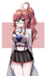 1girl ahoge black-framed_eyewear black_skirt bolo_tie bra breasts brown_hair center_opening cleavage closed_mouth collared_shirt commentary cowboy_shot double-parted_bangs gem glasses green_eyes green_gemstone grid_background hair_between_eyes hair_intakes hand_on_own_thigh kimi_no_koto_ga_dai_dai_dai_dai_daisuki_na_100-nin_no_kanojo lab_coat large_breasts long_hair long_sleeves looking_at_viewer midriff miniskirt mole mole_on_breast navel ohananomitsu_high_school_uniform pink_background pleated_skirt ponytail purple_bra rectangular_eyewear school_uniform shirt sidelocks skirt solo suspender_skirt suspenders thick_eyebrows underwear wavy_hair white_background white_shirt yakuzen_kusuri yakuzen_kusuri_(older) yumenobetsu