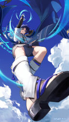 1boy absurdres alalen black_bodysuit black_shorts blue_eyes blue_hair bodysuit cloud falling feet from_below full_body genshin_impact hakama hakama_shorts highres japanese_clothes kimono looking_at_viewer male_focus sandals scaramouche_(genshin_impact) shoe_soles short_hair shorts sky smile solo wanderer_(genshin_impact) zouri