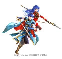 Rule 34 | 1boy, 1girl, armor, blue eyes, blue hair, boots, bracelet, breastplate, caeda (fire emblem), cape, commentary request, company name, fingerless gloves, fire emblem, fire emblem: mystery of the emblem, fire emblem heroes, full body, gloves, holding, holding polearm, holding sword, holding weapon, jewelry, knee boots, long hair, marth (fire emblem), nintendo, official art, polearm, short hair, simple background, sword, tiara, two-sided cape, two-sided fabric, weapon, white background, yamada koutarou