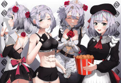 4girls abs absurdres alternate_costume alternate_hairstyle armor braid breasts chicken_(food) chicken_nuggets cleavage dress flower food fried_chicken genshin_impact green_eyes grey_hair gym_uniform hair_flower hair_ornament highres holding holding_flower holding_food kfc maid maid_headdress medium_breasts multiple_girls muscular muscular_female noelle_(genshin_impact) noelle_(kfc)_(genshin_impact) open_mouth red_flower red_rose rose short_hair sic_lazy_jung smile sportswear