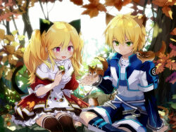 1boy 1girl acorn animal animal_ears animal_on_hand animal_on_shoulder autumn_leaves black_thighhighs blonde_hair blue_shirt blue_shorts blush breasts buttons cat_(trickster) cat_ears closed_mouth dappled_sunlight dot_nose dress fake_animal_ears fake_tail fang fluffy_hair forest frilled_dress frills green_brooch green_eyes holding_acorn leaf lion_(trickster) lion_ears lion_tail long_hair long_sleeves mimi_(ranma3049) nature official_art open_mouth pink_eyes puffy_short_sleeves puffy_sleeves red_dress shirt short_hair short_sleeves shorts sitting small_breasts squirrel sunlight tail thighhighs trickster_(ntreev_soft) twintails zettai_ryouiki