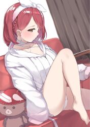 1girl bow bow_earrings bow_hairband braid brown_eyes commentary_request couch crotch_seam curtains deko_isu dutch_angle earrings foot_out_of_frame foot_up hairband halterneck highres hololive hood hoodie houshou_marine houshou_marine_(loungewear) indoors jewelry light_blush long_sleeves looking_at_viewer medium_hair microskirt on_couch panties parted_lips pleated_skirt raised_inner_eyebrows red_hair ribbed_sweater side_braid sitting skirt solo stuffed_animal stuffed_toy sweater teddy_bear underwear white_bow white_hairband white_panties white_skirt white_sweater