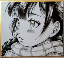 Rule 34 | 1girl, blush, blush stickers, braid, braided twintails, closed mouth, commentary request, expressionless, eyelashes, gingham scarf, greyscale, hair over shoulder, long hair, looking at viewer, makomako1061, monochrome, original, pen (medium), photo (medium), portrait, scarf, shikishi, solo, traditional media