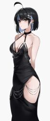 1girl absurdres ahoge arms_behind_back bare_shoulders black_choker black_dress black_hair blue_hair breasts brown_eyes choker cleavage collarbone colored_inner_hair commentary cowboy_shot cross cross_earrings cross_hair_ornament dress earrings english_commentary evening_gown from_side hair_ornament hairpin halter_dress halterneck highres hip_vent in_the_dress_(meme) irene_(kanniiepan) jewelry kanniiepan large_breasts legs_together looking_at_viewer meme meme_attire modakawa_dress mole mole_on_breast multicolored_hair original short_hair sidelocks sideways_glance simple_background sleeveless sleeveless_dress solo thighs white_background