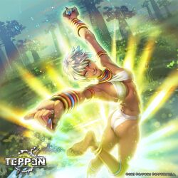 1girl anklet ass blue_eyes blue_sky bracelet breasts cloud dark-skinned_female dark_skin day elena_(street_fighter) grass jewelry jumping looking_at_viewer looking_up medium_breasts nature neck_ring official_art open_mouth short_hair sky smile street_fighter street_fighter_iii street_fighter_iii:_new_generation street_fighter_iii_(series) swimsuit teeth temoshi teppen tongue tree underboob white_hair