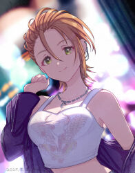 1girl breasts brown_hair commentary_request cropped_shirt forehead green_eyes hair_between_eyes ich. idolmaster idolmaster_cinderella_girls jacket jacket_partially_removed jewelry kimura_natsuki light_smile looking_at_viewer medium_breasts necklace shirt short_hair sleeveless sleeveless_shirt solo upper_body white_shirt