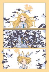 1girl 3koma :/ absurdres bird blonde_hair blue_archive comic highres matsumoto_yutaka messy_hair seia_(blue_archive) tit_(bird) too_many too_many_birds unamused