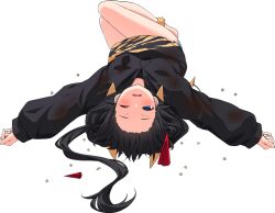 1girl barefoot black_hair black_hood black_hoodie full_body hood hood_up hoodie horned_hood horns kako_(kancolle) kako_(setsubun)_(kancolle) kantai_collection legs long_hair lying official_art on_back open_mouth setsubun solo transparent_background ugume