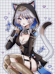 1girl animal_ears animal_hood armored_boots belt black_gloves black_leotard blue_eyes boots breasts cat_ears cat_girl cat_hood cat_tail cipher_(honkai:_star_rail) cleavage coin commentary_request fingerless_gloves gloves gold_boots gold_coin grey_hair grid_background heart holding holding_coin honkai:_star_rail honkai_(series) hood hooded_leotard large_breasts leotard mole mole_on_breast nemuii15_oo short_hair_with_long_locks solo tail thigh_belt thigh_boots thigh_strap thighs yellow_nails