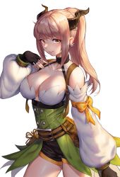 1girl black_gloves black_shorts bow breasts brown_eyes brown_hair chinese_commentary cleavage commentary_request cowboy_shot detached_sleeves dress earrings fingerless_gloves gloves green_dress halterneck highres horns jewelry large_breasts long_hair looking_at_viewer official_alternate_costume ponytail ragnarok_online ranger_(ragnarok_online) rio shorts simple_background sleeve_bow smile solo white_background white_sleeves yellow_bow