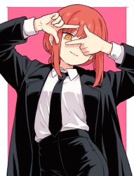 Rule 34 | 1girl, black necktie, black pants, chainsaw man, collared shirt, commentary, finger frame, looking at viewer, makima (chainsaw man), necktie, onyhakase, pants, red hair, ringed eyes, shirt, smile, solo, white shirt