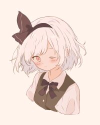 Rule 34 | 1girl, absurdres, black bow, black bowtie, black hairband, black ribbon, blush, bow, bowtie, brown background, collared shirt, commentary request, cropped torso, green vest, hair ribbon, hairband, highres, iris-san, konpaku youmu, looking at viewer, one eye closed, puffy short sleeves, puffy sleeves, ribbon, shirt, short hair, short sleeves, solo, touhou, upper body, vest, white hair, white shirt