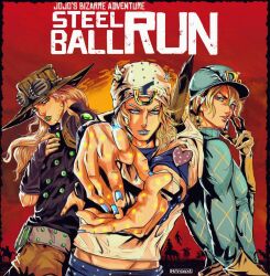 Rule 34 | 3boys, aqua hat, aqua shirt, artist name, bandana, belt, black border, black gloves, blonde hair, blue eyes, blue lips, blue nails, blue pants, border, brown gloves, brown hat, brown pants, commentary, copyright name, cowboy shot, derivative work, diego brando, elbow gloves, english commentary, english text, eyewear on headwear, from side, gloves, green eyes, green lips, grey belt, gyro zeppeli, hair between eyes, hand on own chest, hand on own hip, hand up, hashtag-only commentary, hat, henoopd, highres, hood, hoodie, horseshoe ornament, johnny joestar, jojo no kimyou na bouken, long hair, long sleeves, looking at viewer, male focus, medium hair, midriff, multiple boys, own hands together, pants, parted lips, red background, red dead redemption (series), red dead redemption 2, red lips, shirt, steel ball run, tied shirt, toned, toned male, upper body, video game cover redraw, white bandana, white hoodie