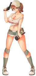 1girl absurdres baseball_cap belt black_panties blush breasts brown_eyes brown_hair cleavage collarbone covered_erect_nipples explosive fanny_pack female_focus fio_germi full_body glasses grenade gun handgun hat highres hip_vent holding holding_grenade holding_gun holding_weapon knee_pads large_breasts looking_at_viewer metal_slug micharie midriff navel no_bra panties panty_peek pistol ponytail revealing_clothes revolver round_eyewear shoes short_shorts shorts sidelocks simple_background smile snk socks solo standing stielhandgranate strap_slip sweat underwear weapon white_background white_shoes