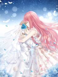 Rule 34 | 2girls, arms around neck, artist request, bare arms, bare shoulders, blue flower, blue rose, bobo (miracle nikki), bow, braid, brown hair, closed eyes, closed mouth, corset, cowboy shot, cross-laced clothes, cross-laced corset, dress, feathers, floating clothes, floating hair, floral print, flower, frilled dress, frilled gloves, frilled sleeves, frills, from side, frown, game cg, gloves, hair flower, hair ornament, hand on another&#039;s shoulder, happy, heads together, highres, hug, light particles, long dress, long hair, long sidelocks, long sleeves, medium dress, miracle nikki, multiple girls, night, night sky, nikki (nikki), nikki (series), official art, outdoors, petals, pink hair, pleated dress, pointy nose, puffy long sleeves, puffy sleeves, rose, rose petals, rose print, sad, see-through clothes, see-through veil, sidelocks, sky, sleeveless, sleeveless dress, smile, standing, star (sky), starry sky, third-party source, three-quarter sleeves, twin braids, veil, very long hair, waist bow, wavy hair, white bow, white corset, white dress, white gloves, white veil