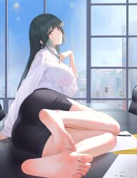 1girl absurdres barefoot black_hair desk feet highres long_hair looking_at_viewer miniskirt mochizuki_ao office_lady on_desk red_eyes sitting skirt soles toes