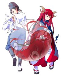 1boy 1girl black_hair black_hat black_sandals blue_cloak blue_pants blunt_bangs breasts cloak closed_eyes closed_mouth commentary_request dairi full_body hat highres holding_own_arm horns japanese_clothes kimono large_variant_set long_hair long_sleeves nervous_smile open_mouth orb pants profile red_hair red_skirt sandals shingyoku_(female) shingyoku_(male) shingyoku_(touhou) shirt short_hair simple_background skirt smile socks standing standing_on_one_leg sweatdrop tachi-e tate_eboshi torn_cloak torn_clothes torn_pants torn_shirt torn_skirt touhou touhou_(pc-98) transparent_background variant_set white_kimono white_shirt white_socks yin_yang yin_yang_orb