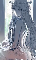 1girl absurdres ass bedroom breasts cartethyia_(wuthering_waves) closed_mouth commentary covered_erect_nipples covering_with_blanket crown_of_thorns earrings english_commentary from_side hand_up hews highres indoors jewelry long_hair looking_at_viewer looking_to_the_side median_furrow medium_breasts parted_bangs pointy_ears sidelocks sketch smile solo tacet_mark_(wuthering_waves) very_long_hair wuthering_waves