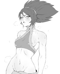 1girl absurdres akali bare_shoulders bottomless breasts collarbone commentary_request convenient_censoring crop_top greyscale hair_between_eyes hairband halterneck highres league_of_legends medium_breasts mishislover monochrome scarf sideboob solo spanish_commentary sweat torn_clothes upper_body