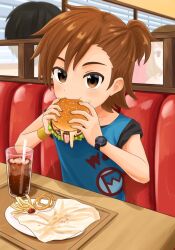 Rule 34 | 1boy, booth seating, bracelet, brown eyes, brown hair, burger, commentary request, cup, drinking straw, eating, food, food on face, food wrapper, french fries, half updo, hanahanamomo55, holding, holding burger, holding food, idolmaster, idolmaster side-m, indoors, jewelry, looking at viewer, onion rings, plate, restaurant, shirt, short sleeves, soda, solo focus, t-shirt, tachibana shiro (idolmaster), tray, watch, wristwatch