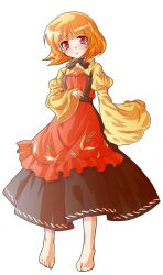 1girl aki_minoriko alphes_(style) apron barefoot blonde_hair commentary_request dairi food fruit full_body grapes hat long_sleeves looking_at_viewer neck_ribbon no_headwear parody red_eyes ribbon ringed_eyes shirt short_hair skirt solo style_parody tachi-e touhou transparent_background wide_sleeves