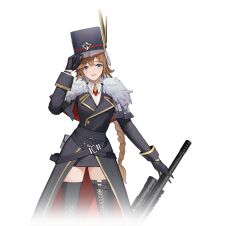 1girl adjusting_clothes adjusting_headwear belt black_gloves black_skirt black_thighhighs blue_eyes boots braid braided_ponytail brown_hair capelet closed_mouth coat fur-trimmed_coat fur_trim gloves gun hat holding holding_gun holding_weapon jacket long_hair long_sleeves looking_at_viewer military military_hat military_uniform official_art rifle shirt simple_background single_braid skirt smile snowowl solo standing starward thigh_boots thighhighs transparent_background weapon white_background white_shirt
