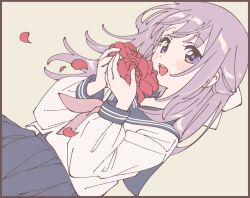1girl black_border blue_eyes blue_sailor_collar blue_skirt blush_stickers border bow dutch_angle falling_petals flower grey_background hair_bow half_updo highres holding holding_flower long_hair long_sleeves looking_at_viewer namori neckerchief open_mouth original petals pink_neckerchief pleated_skirt puffy_long_sleeves puffy_sleeves purple_hair red_flower red_rose rose sailor_collar school school_uniform serafuku shirt simple_background skirt smile solo upper_body white_bow white_shirt