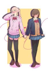 1girl 1other akiyama_mizuki black_pantyhose black_thighhighs blazer blue_jacket blue_skirt blush bow bowtie brown_cardigan brown_hair brown_shoes buttons cardigan closed_eyes closed_mouth collared_shirt covering_own_mouth diagonal-striped_bow diagonal-striped_bowtie diagonal-striped_clothes drop_shadow ear_blush embarrassed hand_over_own_mouth hand_up heart highres holding_hands jacket loafers long_hair long_sleeves other_with_female pantyhose pink_cardigan pink_eyes pink_hair pink_ribbon pleated_skirt project_sekai red_bow red_bowtie ribbed_cardigan ribbon santii school_uniform shadow shinonome_ena shirt shoes short_hair side_ponytail sidelocks simple_background skirt skirt_hold string string_of_fate striped_clothes thighhighs trembling two-tone_background white_background white_shirt yellow_background