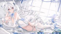 1girl absurdres bare_shoulders blue_flower blue_rose bodysuit breasts covered_navel detached_sleeves dragon_girl dragon_tail dragon_wings flower grey_hair gurami_(zangizarang) highres horns indoors large_breasts long_hair lying mole mole_on_breast on_side original revealing_clothes rose tail thighhighs white_bodysuit white_hair white_thighhighs wings