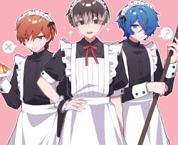 3boys :d :o ? anger_vein apron blue_hair broom brown_hair colored_tips cowboy_shot crossdressing earrings food hand_on_own_hip highres holding holding_broom holding_plate jewelry kajiyama_fuuta kayano_mikoto long_sleeves looking_at_viewer maid maid_apron maid_headdress male_focus male_maid milgram multicolored_hair multiple_boys neck_ribbon omelet omurice open_mouth orange_hair outline pink_background plate red_ribbon ribbon sakurai_haruka_(milgram) short_sleeves simple_background smile spoken_question_mark spoken_x sweatdrop v-shaped_eyebrows white_outline yingwux1