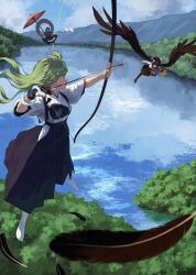 3girls aiming alcohol animal_print antenna_hair armor arrow_(projectile) black_feathers black_hair black_wings bottle bow_(weapon) breastplate crossed_legs cup feathered_wings feathers flying frog_print green_eyes green_hair hair_ornament hakama hand_fan hat highres holding holding_arrow holding_bow_(weapon) holding_fan holding_weapon iroiro_yaru_hito japanese_clothes kimono kochiya_sanae lake long_hair miniskirt mirror mountain_of_faith multiple_girls neck_ribbon parasol pom_pom_(clothes) print_skirt purple_hair red_footwear red_shirt ribbon rope sakazuki sake sake_bottle shameimaru_aya shimenawa shirt skirt snake_hair_ornament socks tabi tokin_hat touhou umbrella water weapon white_kimono white_shirt white_sleeves white_socks wings yasaka_kanako yumi_(bow)
