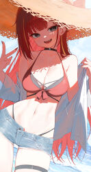 1girl akane_lize bare_shoulders bikini blonde_hair blue_sky breasts cleavage denim denim_shorts fang grey_hair hat highres huhi_(huhi_1211) long_hair looking_at_viewer medium_breasts mole mole_under_eye multicolored_hair navel open_clothes open_mouth open_shirt outdoors red_hair shirt short_shorts shorts sky smile solo standing stellive stomach streaked_hair sun_hat swimsuit teeth thigh_strap upper_teeth_only v virtual_youtuber white_shirt