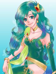 1girl aged_up breasts cape closed_mouth collarbone detached_sleeves earrings enoki_mushrooms final_fantasy final_fantasy_iv final_fantasy_iv:_the_after_years green_cape green_eyes green_hair green_leotard hair_ornament highres jewelry leotard long_hair looking_at_viewer medium_breasts rydia_(ff4) simple_background smile solo thighhighs