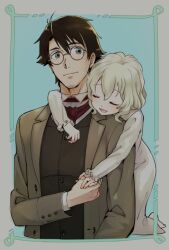 Rule 34 | 1boy, 1girl, :d, amy anderson, aqua background, arm around neck, barefoot, blonde hair, blush, border, brother and sister, closed eyes, commentary, dress, eric anderson, glasses, green border, highres, holding hands, jacket, niina ryou, open clothes, open jacket, open mouth, princess principal, siblings, smile, white dress