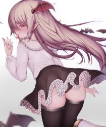1girl ass bat_(animal) bat_wings black_panties black_skirt black_thighhighs blood blush commentary_request fang frilled_skirt frills from_behind granblue_fantasy head_wings highres loli long_hair long_sleeves panties pantyshot pink_eyes pointy_ears re:ia shadowverse shingeki_no_bahamut shirt simple_background skirt thighhighs tongue tongue_out underwear vampy white_background white_shirt wings