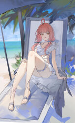 1girl absurdres ahoge arm_support bare_arms beach beach_umbrella bikini blue_bow bow collarbone commentary feet flantia frilled_thigh_strap hair_bow hand_on_own_knee highres knees_up legs looking_at_viewer low_twintails medium_hair ocean open_mouth orange_hair original palm_tree sand sandals sketch smile solo swimsuit thigh_strap thighs toes tree twintails umbrella water yellow_eyes