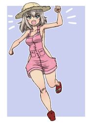 Rule 34 | 1girl, bandaid, blue eyes, breasts, collarbone, flip-flops, girls und panzer, grey hair, itsumi erika, medium hair, naked overalls, official alternate costume, open mouth, overall shorts, overalls, pink overalls, purple background, red shoes, running, sandals, shoes, short shorts, shorts, simple background, smile, takahashi kurage