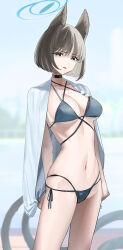 1girl absurdres animal_ears bikini black_bikini black_eyes black_hair blue_archive blue_bikini breasts cat_ears cat_tail cleavage eyeliner halo highres kikyou_(blue_archive) kikyou_(swimsuit)_(blue_archive) layered_bikini looking_at_viewer makeup matsukan_(dug_pile) medium_breasts multiple_tails navel open_mouth parted_bangs short_hair solo swimsuit tail thighs two_tails
