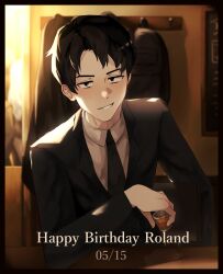 black_hair cup drinking_glass formal_clothes happy_birthday jacket library_of_ruina project_moon smug suit tied_jacket tuxedo